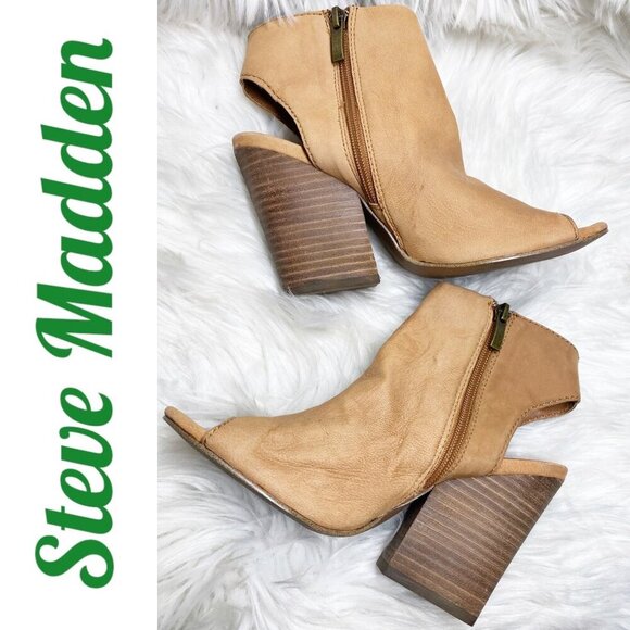 STEVE MADDEN MINGLE TAN LEATHER OPEN TOE OPEN HEEL BLOCK HEEL BOOTIE, SIZE 8 - Picture 2 of 13